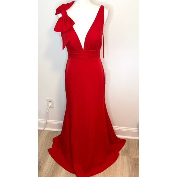 Mac Duggal Sleeveless V Neck Bow Detail Mermaid Gown In Red 49454 Size 4 New - Picture 2 of 15